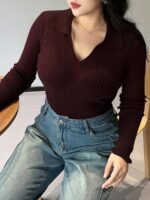 Elorivane Plus Size Wine Red Sweater, V-Neck Bodycon Long Sleeve Valentine Fall Top - Image 7