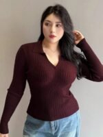 Elorivane Plus Size Wine Red Sweater, V-Neck Bodycon Long Sleeve Valentine Fall Top - Image 9