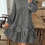 Elorivane Plus Size Women Colorblock Plaid Dress with 3D Floral Decor, Autumn Winter
