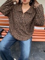 Elorivane Plus Size Leopard Sweatshirt, Zip-Up Loose Street Style Pullover Top - Image 8