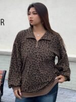 Elorivane Plus Size Leopard Sweatshirt, Zip-Up Loose Street Style Pullover Top - Image 3