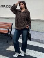 Elorivane Plus Size Leopard Sweatshirt, Zip-Up Loose Street Style Pullover Top - Image 4