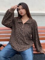 Elorivane Plus Size Leopard Sweatshirt, Zip-Up Loose Street Style Pullover Top - Image 5