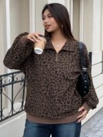 Elorivane Plus Size Leopard Sweatshirt, Zip-Up Loose Street Style Pullover Top - Image 6
