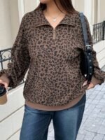 Elorivane Plus Size Leopard Sweatshirt, Zip-Up Loose Street Style Pullover Top - Image 7