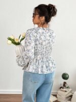 Elorivane Plus Size Blue Ditsy Floral Blouse, V-Neck Tie Long Sleeve Top, Romantic Fall Daily Home Wear - Image 2