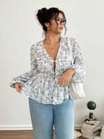 Elorivane Plus Size Blue Ditsy Floral Blouse, V-Neck Tie Long Sleeve Top, Romantic Fall Daily Home Wear - Image 3