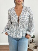 Elorivane Plus Size Blue Ditsy Floral Blouse, V-Neck Tie Long Sleeve Top, Romantic Fall Daily Home Wear - Image 4