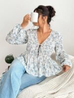 Elorivane Plus Size Blue Ditsy Floral Blouse, V-Neck Tie Long Sleeve Top, Romantic Fall Daily Home Wear - Image 5