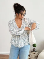 Elorivane Plus Size Blue Ditsy Floral Blouse, V-Neck Tie Long Sleeve Top, Romantic Fall Daily Home Wear - Image 6