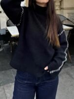 Elorivane Women's French Contrast Stitching High Neck Knit Sweater | Commuter Versatile Black Pullover Fall - Image 8