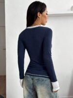 Elorivane Women Blue Rib Knit Thermal Shirt, 2-in-1 Embroidered Preppy Chic Fall Winter Button Down Top - Image 2