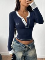 Elorivane Women Blue Rib Knit Thermal Shirt, 2-in-1 Embroidered Preppy Chic Fall Winter Button Down Top - Image 3