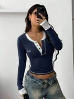 Elorivane Women Blue Rib Knit Thermal Shirt, 2-in-1 Embroidered Preppy Chic Fall Winter Button Down Top - Image 4