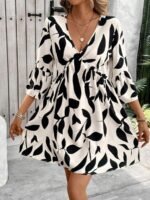 Elorivane Plus Size Plant Print Dress, Flare Sleeve Loose Casual Vacation Midi Dress - Image 3
