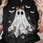 Elorivane Plus Size Halloween Ghost Print Short Sleeve T-Shirt for Summer Daily Wear
