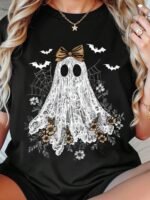 Elorivane Plus Size Halloween Ghost Print Short Sleeve T-Shirt for Summer Daily Wear