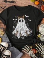 Elorivane Plus Size Halloween Ghost Print Short Sleeve T-Shirt for Summer Daily Wear - Image 3