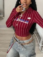 Elorivane Women Burgundy Lapel Striped Crop Top, Y2K Vintage Graphic Long Sleeve Festival Tee - Image 5
