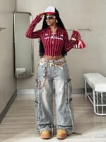 Elorivane Women Burgundy Lapel Striped Crop Top, Y2K Vintage Graphic Long Sleeve Festival Tee - Image 2