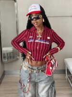 Elorivane Women Burgundy Lapel Striped Crop Top, Y2K Vintage Graphic Long Sleeve Festival Tee - Image 4