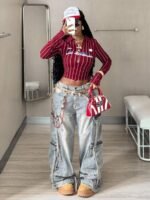 Elorivane Women Burgundy Lapel Striped Crop Top, Y2K Vintage Graphic Long Sleeve Festival Tee - Image 6