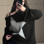 Elorivane Plus Size Star Graphic Sweater, Mesh Crew Neck Loose Streetwear Early Autumn Top