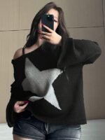 Elorivane Plus Size Star Graphic Sweater, Mesh Crew Neck Loose Streetwear Early Autumn Top