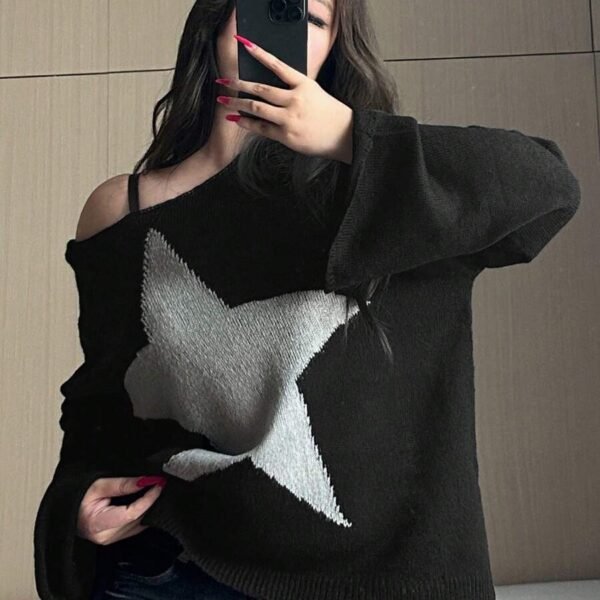 Elorivane Plus Size Star Graphic Sweater, Mesh Crew Neck Loose Streetwear Early Autumn Top