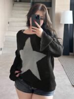 Elorivane Plus Size Star Graphic Sweater, Mesh Crew Neck Loose Streetwear Early Autumn Top - Image 4
