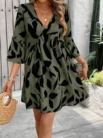 Elorivane Plus Size Plant Print Dress, Flare Sleeve Loose Casual Vacation Midi Dress - Image 8