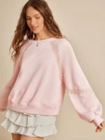 Elorivane Women Fleece Crochet Lace Sweatshirt, Crewneck Raglan Boxy Fit Western Cowgirl Fall Rodeo Top