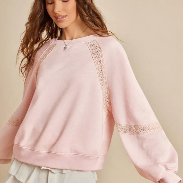 Elorivane Women Fleece Crochet Lace Sweatshirt, Crewneck Raglan Boxy Fit Western Cowgirl Fall Rodeo Top