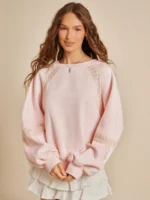 Elorivane Women Fleece Crochet Lace Sweatshirt, Crewneck Raglan Boxy Fit Western Cowgirl Fall Rodeo Top - Image 3