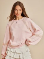 Elorivane Women Fleece Crochet Lace Sweatshirt, Crewneck Raglan Boxy Fit Western Cowgirl Fall Rodeo Top - Image 4