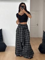 Elorivane Women Navy Gingham Wide Leg Pants, Loose Plaid Grunge Y2K Streetwear Trousers - Image 6