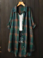Elorivane Plus Size Green Plaid Shirt, Tie Cuff Long Sleeve Retro Loose Top, Autumn Vacation Casual Wear - Image 7