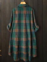 Elorivane Plus Size Green Plaid Shirt, Tie Cuff Long Sleeve Retro Loose Top, Autumn Vacation Casual Wear - Image 2