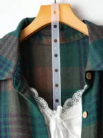 Elorivane Plus Size Green Plaid Shirt, Tie Cuff Long Sleeve Retro Loose Top, Autumn Vacation Casual Wear - Image 6