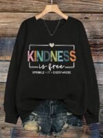 Elorivane Plus Size "Kindness Is Free" Graphic Sweatshirt, Black Cowboy Style, Fall Winter Back To School Casual Top