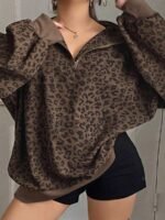 Elorivane Plus Size Leopard Sweatshirt, Zip-Up Loose Street Style Pullover Top