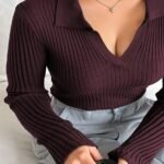 Elorivane Plus Size Wine Red Sweater, V-Neck Bodycon Long Sleeve Valentine Fall Top