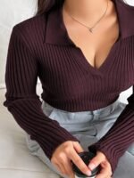 Elorivane Plus Size Wine Red Sweater, V-Neck Bodycon Long Sleeve Valentine Fall Top