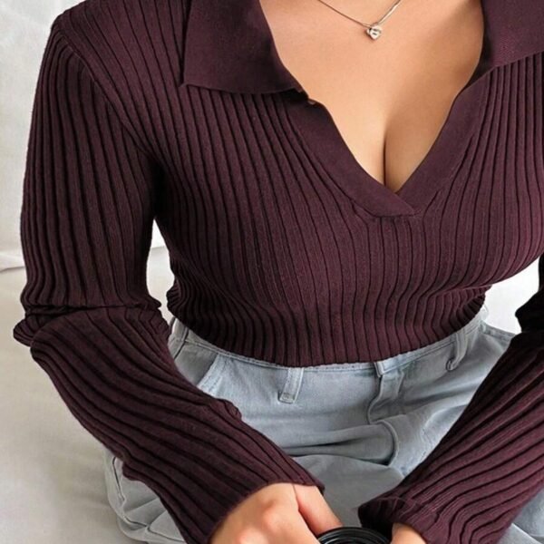 Elorivane Plus Size Wine Red Sweater, V-Neck Bodycon Long Sleeve Valentine Fall Top