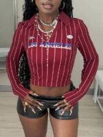 Elorivane Women Burgundy Lapel Striped Crop Top, Y2K Vintage Graphic Long Sleeve Festival Tee - Image 3