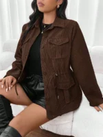 Elorivane Plus Size Flap Pocket Drawstring Waist Jacket, Barn Style Outerwear, Fall Winter Casual Wear - Image 8