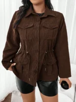 Elorivane Plus Size Flap Pocket Drawstring Waist Jacket, Barn Style Outerwear, Fall Winter Casual Wear - Image 9