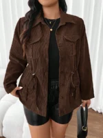 Elorivane Plus Size Flap Pocket Drawstring Waist Jacket, Barn Style Outerwear, Fall Winter Casual Wear - Image 10