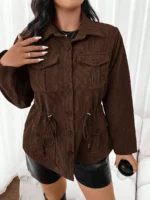 Elorivane Plus Size Flap Pocket Drawstring Waist Jacket, Barn Style Outerwear, Fall Winter Casual Wear - Image 11