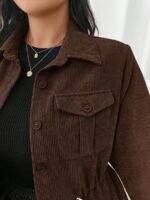 Elorivane Plus Size Flap Pocket Drawstring Waist Jacket, Barn Style Outerwear, Fall Winter Casual Wear - Image 13